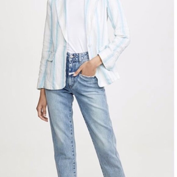 FRAME Classic Stripe Linen Blue White Blazer Size 4 - Picture 3 of 14